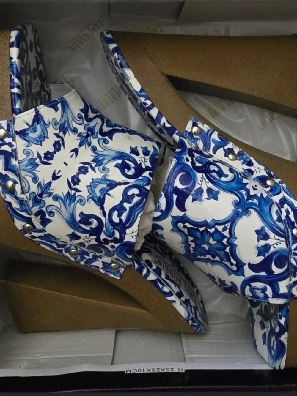 Cape Robbin Blue and White Patterned Platform Wedges